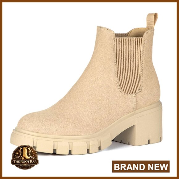Chunky Heel Chelsea Boots Lug Sole Slip On Elastic Ankle Booties Fashion